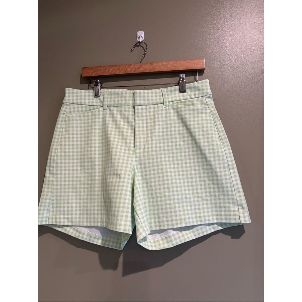 Old Navy 10 Women's High-Waisted Pixie Trouser Shorts in a green and white gingh